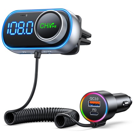 EOIWUY Trasmettitore FM Bluetooth 5.3 per Auto, [Bassi & Hi-Fi] Bluetooth Auto con PD36W & QC3.0 18W Adattatore Bluetooth Auto, Vivavoce Bluetooth per Auto, Assistente Vocale, Uscita AUX